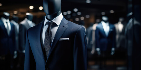 Wall Mural - Men shirt in form of suits in dark navy blue colors on mannequin in tailoring room. Luxury banner for an expensive men's clothing and office suits store. 