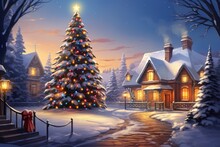 Christmas Tree Postcard In The Courtyard Of A Snow-covered House In Winter. Merry Christmas And Happy New Year Concept