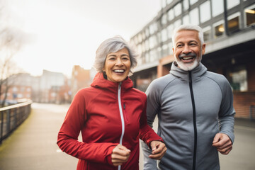 Wall Mural - Happy couple of elderly people jogging together in city streets.