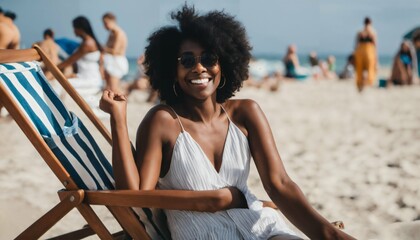 Wall Mural - Smiling black woman relaxing on deck chair at beach