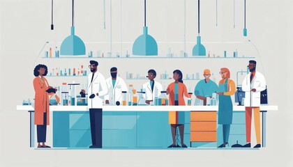 Wall Mural - Minimalist illustration of diverse scientists working in a lab