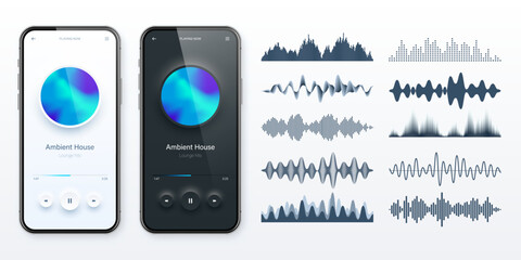 Wall Mural - Online audio player user interface, smartphone app UI design. Music, media streaming and listening platform. Responsive mobile application. Neumorphism. Various sound waves. Vector illustration