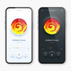 Wall Mural - Online audio player user interface, smartphone app UI design. Music, media streaming and listening platform. Responsive mobile application. Neumorphism, neumorphic style. Vector illustration.