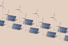 Line Pattern Of Solar Panels And Wind Turbine.