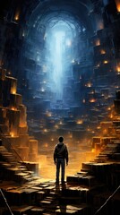 Wall Mural - A man standing in front of a large tunnel with a light coming from the top. AI