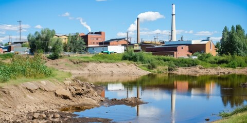 Canvas Print - A river with factories and chimneys in the background. AI