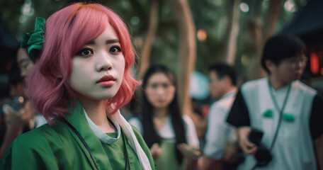 Young teenager woman from Japan with pink hair, cosplayer at the con