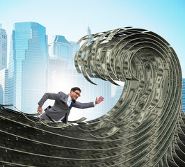 Wall Mural - Businessman swimming in the sea of dollar money