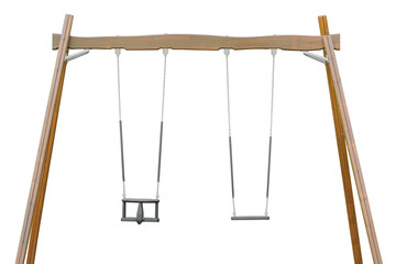 Playground sandbox double seats beam swing set horizontal closeup, large detailed isolated grey seat benches metal chains, plastic safety restraint lap-bars, massive beige taupe tan wooden swings legs