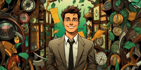 Poster - A man in a suit and tie surrounded by clocks. AI