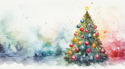 Wall Mural - watercolor Christmas Tree With Baubles And Blurred Shiny Lights banner with text space forest christmas tree watercolor