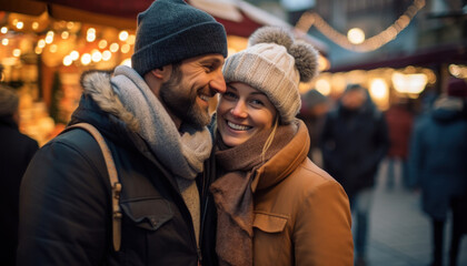 Wall Mural - Young couple having fun in Christmas market. Beautiful woman and handsome man smiling. There is romance in the air. Bokeh background.