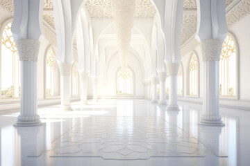 White Golden Luxury Palace Mosque Interior with Sunny Windows and Columns.