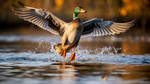 Mallard Taking Off From The Water With Wings Outstretched. AI Generative.