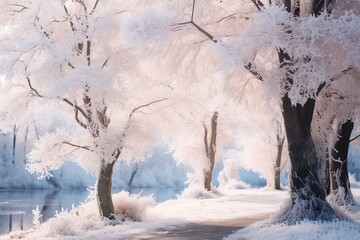 Poster - Beautiful trees in snow at dawn.