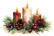 A Watercolor Painting Of Three Candles With Pine Cones And Holly Leaves. Digital Image. Christmas Decoration.