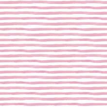 Seamless Pattern With Pink Stripes On White Background. Watercolor Illustration Hand Drawn. For Design, Textile, Decor, Wallpaper, Wrapping Paper, Clothes.
