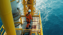 A Man Standing On A Yellow Platform In The Middle Of The Ocean