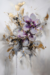 Wall Mural - Abstract floral oil painting. Gold and purple orchids on white background