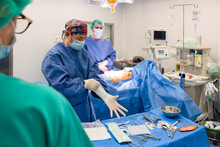 Focused Surgeon Putting On Gloves In Hospital
