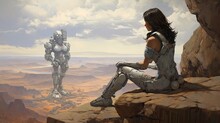 Image Of An Oil Painting Depicting A Human Woman Explorer Sitting On Large Rock On A Hillside Looking Down On A Valley Filled With The Crumbling Ruins Of A Vast Abandoned City With A Robot