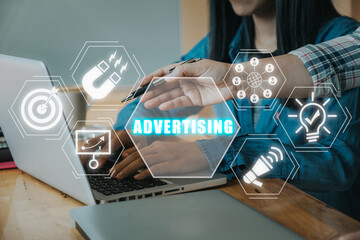Wall Mural - advertising concept, businesss team working on laptop computer with advertising icon on virtual scre