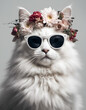 Beautiful cool cat portrait in sunglasses with flowers on head