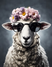 Beautiful Cool Sheep Portrait In Sunglasses With Flowers On Head