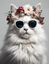 Beautiful Cool Cat Portrait In Sunglasses With Flowers On Head