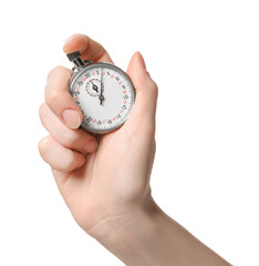 Wall Mural - Woman holding vintage timer on white background, closeup