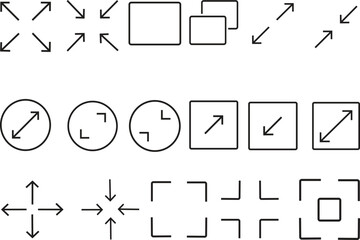 Full screen black icons. Set of full screen and exit full screen icon. Arrow mark icons. Scalability icons in flat style for web site, UI, mobile app, isolated on white background.
