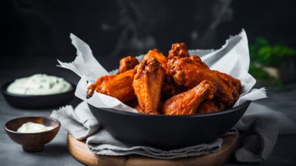 Wall Mural - Delicious Buffalo Wings and Blue Cheese Dressing Food Combination Photorealistic Horizontal Illustration. Spicy American Meal. Ai Generated bright Illustration with Delicious Aromatic Buffalo Wings.