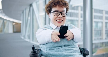 Aufkleber - Phone, business and a woman with a disability in a wheelchair at an office building. Entrepreneur person with a smartphone for internet, social media and funny communication at inclusive workplace