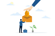 Salary Deduction Concept. Payment Of Salary Or Compensation. Employee Salary. Lowest Wage Offer. Adjust The Minimum Wage Rate. Male Hand In Formal Wear Holding Money Coin In Finger. Illustration.