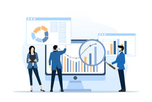 Analytics And Monitoring Concept, Business Team On Web Reporting Dashboard Monitoring, And Data Analytics Research For Business Financial Planning. Flat Vector Illustration Design On White Background.
