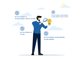 Explore business ideas. See potential startup ideas to implement. Startup Ideas to Make Money. Businessman checking light bulb concept and agreeing. flat vector illustration on a white background.