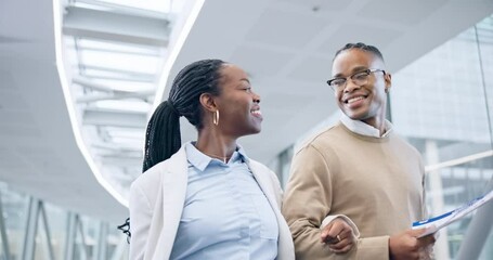 Wall Mural - Travel, corporate and a couple of friends in an airport for an international flight or trip with a smile. Hotel, collaboration or partnership with a business man and woman walking over a bridge