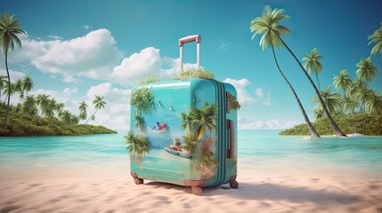 baggage travel. Blue suitcase with travel accessories such as sunglasses, hat and camera on light blue background.