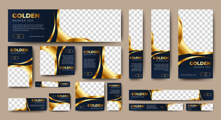 Blue Gold web banners template design with image space. vector