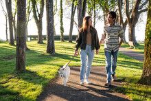 Young Couple Out Walking Their Dog Together In A Park.