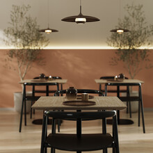 Served Table In Modern Restaurant, Black Chair And Wooden Table, 3d 