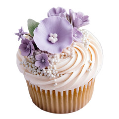 Poster - transparent background cupcake with white and purple flower icing Floral bouquet Wedding cake Birthday Selective focus transparent background noise and grain