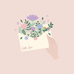 Wall Mural - Flat hand drawn vector illustration of cute envelope fillled with wild  flowers and leaves with a hand holding it. Decorative element for card, postcard, sticker, banner, invitation, social media post