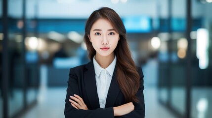 portrait of a smiling business woman standing with her arms crossed in office