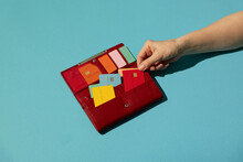 Colorful Credit/debit Cards In Red Purse. Money, Cashless, Payment