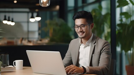 Young asian business man working with laptop computer in modern office.