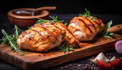 Closeup of tasty roast chicken breast served on wooden board. Grilled chicken. 