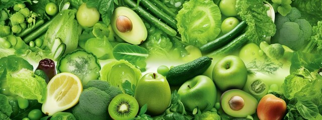 Wall Mural - Banner layout of green fruits and vegetables. 