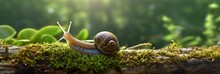 A Journey Through The Forest. Close-up Of A Snail In The Forest With Natural Background. AI Generative