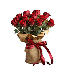 Poster - Red roses bouquet with red ribbon wrapped in brown paper placed in a rusty iron vase with space for text